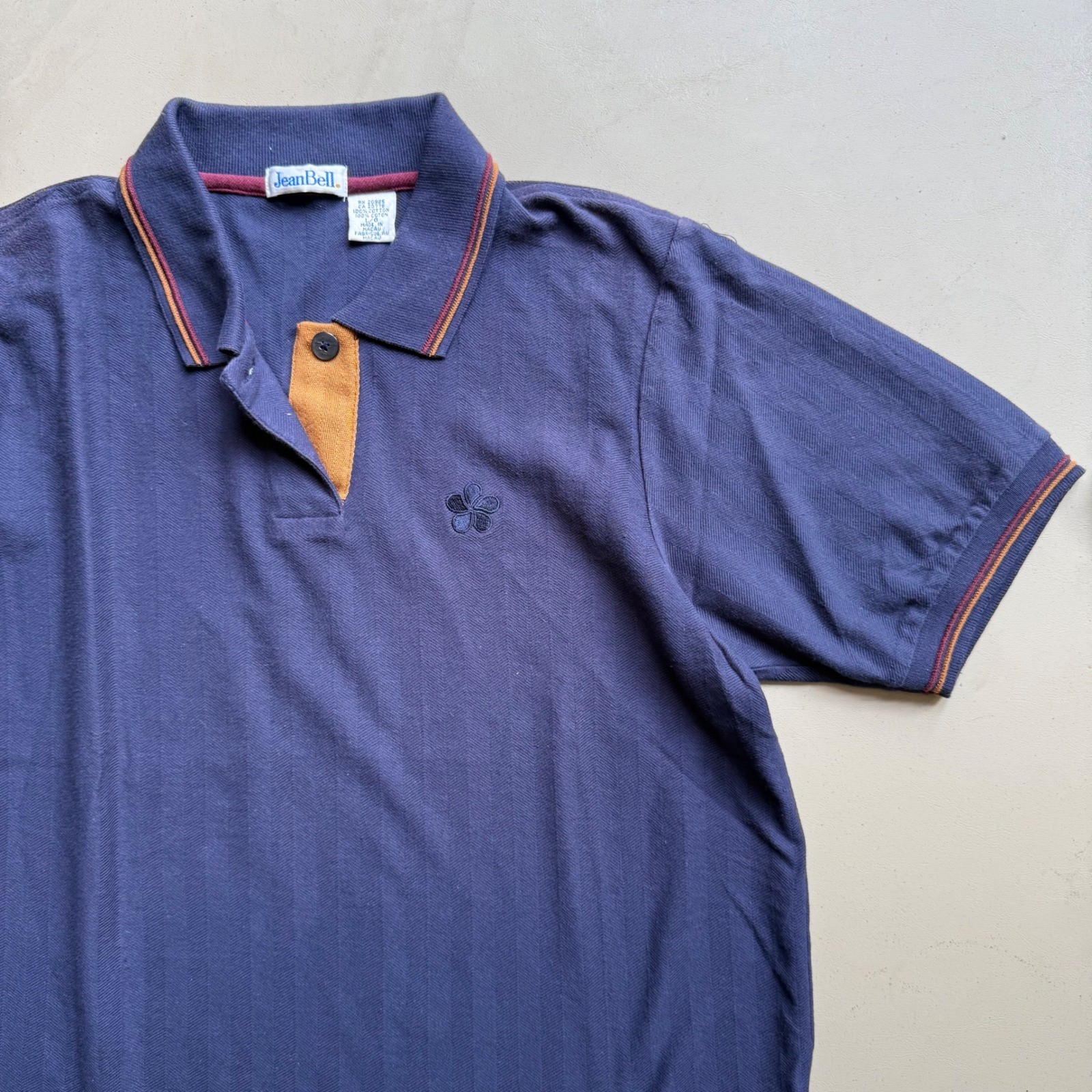 JeanBell Polo Shirt Mens Large Navy Blue Herringbone Vintage Cotton Retro Top