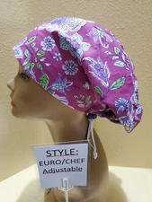 Floral Plum Women's  Euro/Chef Surgical Scrub Hat/Cap Handmade