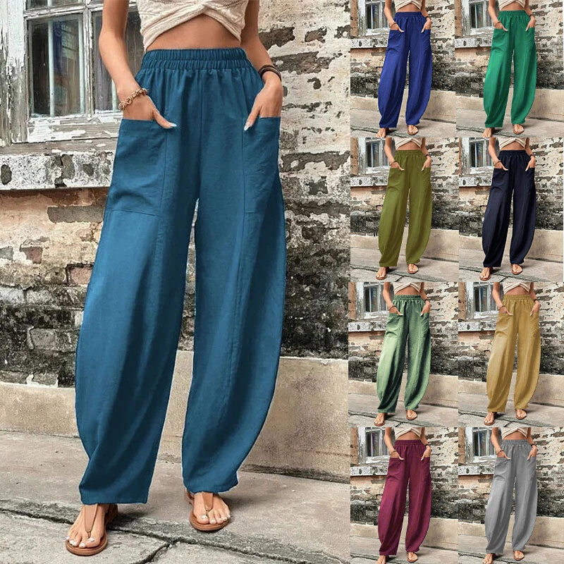 Women Flared Wide Leg Elastic Waist Loose Pants Trousers Solid Baggy Casual  Cos