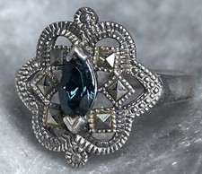 Beautiful Topaz And Marcasite Sterling Silver Flower Ring Size 8.75