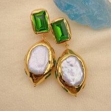 Cultured White Pearl Green Crystal Gold Plated Dangle Stud Earrings