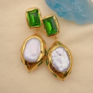 Authentic Cultured White Pearl Green Crystal Gold Plated Dangle Stud Earrings