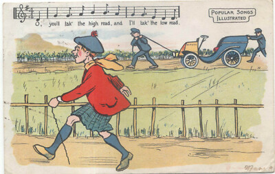 Comic kaputtes Veteranenauto 1903 im Vergleich zu Walker - beliebte Lieder illustriert