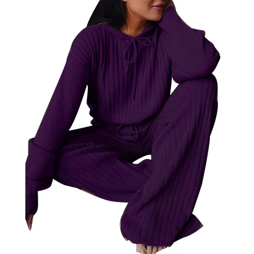 Outfits zweiteiliges Set Freizeitanzug Damenanzug Strickpyjama süß einfarbig mit Kapuze - Bild 14 von 22