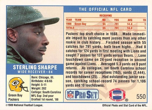 1989 Pro Set Final Edition Sterling Sharpe RC #550 NM/MT GREEN BAY PACKERS - Picture 2 of 2