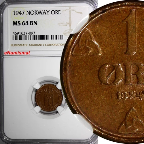 Norway Haakon VII Bronze 1947 1 Ore NGC MS64 BN TOP GRADED BY NGC KM# 367 (097)