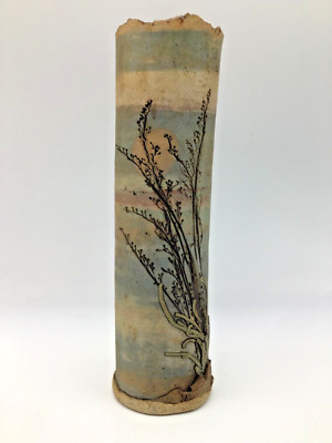 Alan Steinberg Textured Slab Vase Signed 1980s Beach Seagrass Decor 7.75 Inches