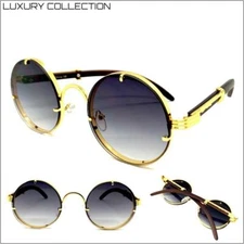 Men Classy Elegant Exotic Modern Retro Hip Hop SUN GLASSES Round Gold Wood Frame