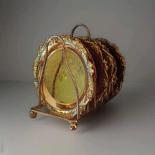 Vintage Gold Tone Coaster Set Mid Century Set Of 6