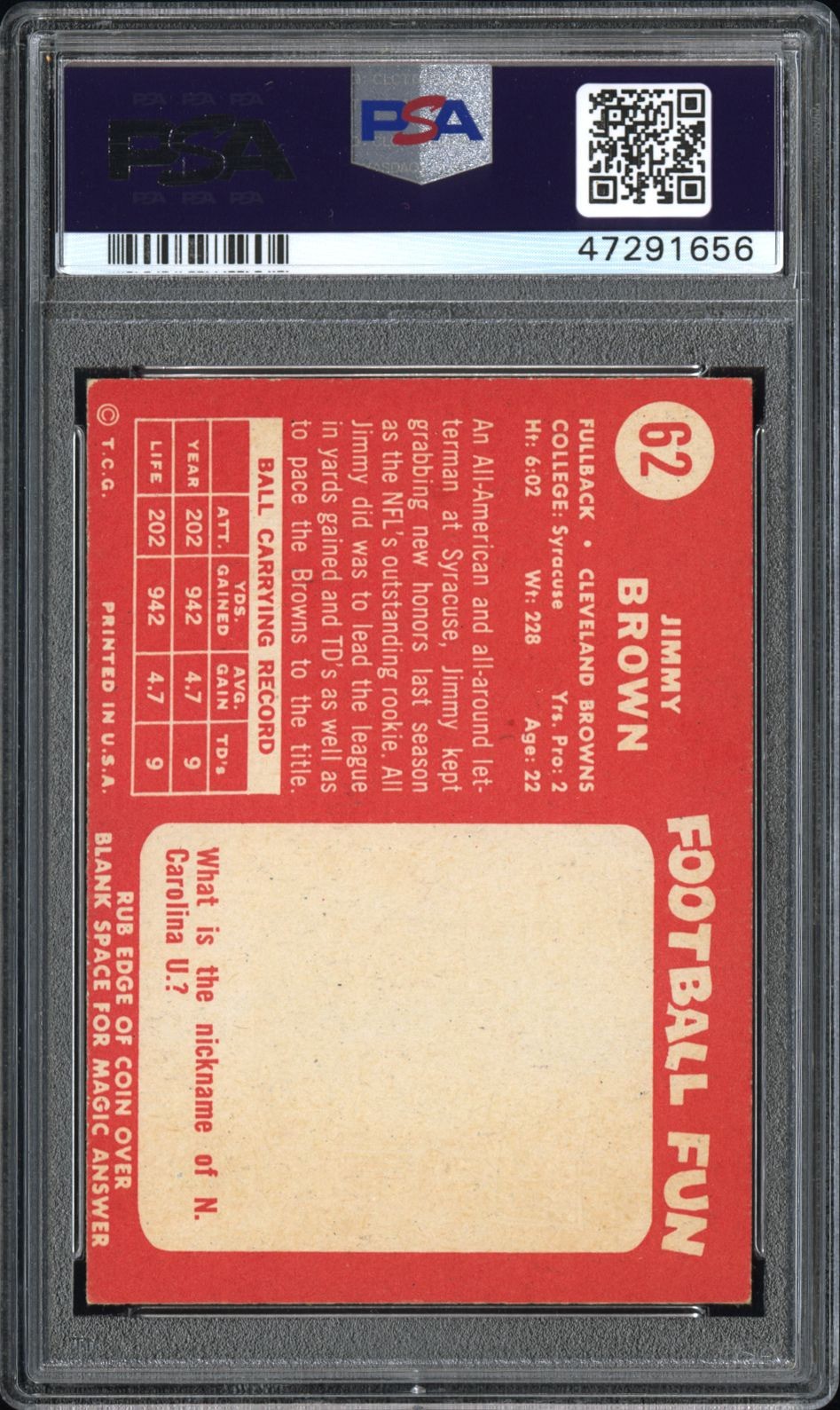 1958 Topps Jim Brown #62 RC PSA 7 view 2