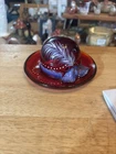 Signed Fenton Red Hat Handpainted Feather and Bow