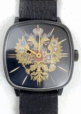 Vtg New POBEDA Double Head Eagle Men's 38mm Mechanical Watch Black 15j USSR