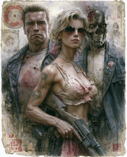 Sarah Connor Between the Terminator and a T-800 Endoskeleton Print - 615006948
