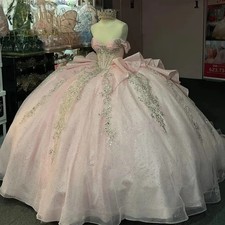 Bow Quinceanera Dresses Ball Gown Sequined Appliques Lace Pink Illusion Ruffles