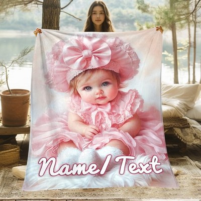 1pc Custom Name Cute Pink Bow Princess Blanket - ized Name/Text, Soft Flannel B