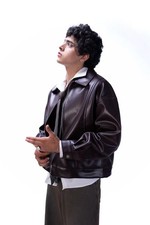 Unisex Dark Brown Faux Leather Bomber Jacket Oversized Zip Up Collared Style New