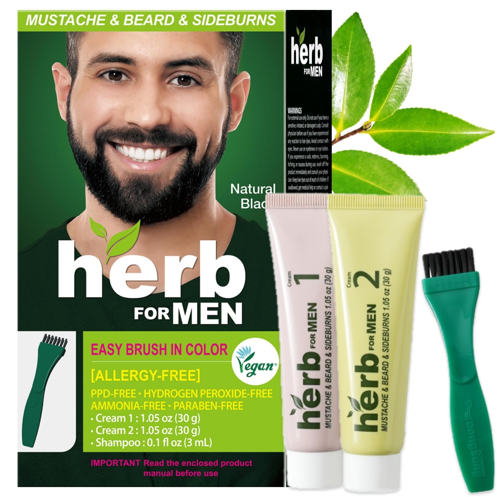 Herb For Men Mustache & Beard Dye (Nature Black, 1 Pack), PPD-Free Ammonia-Fr...
