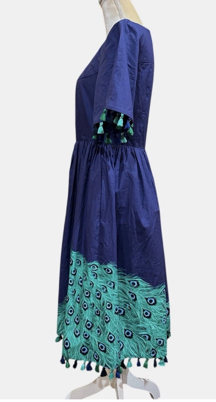 Abito Kate Spade New York taglia 10 full plume pavone popeline nappe blu verde