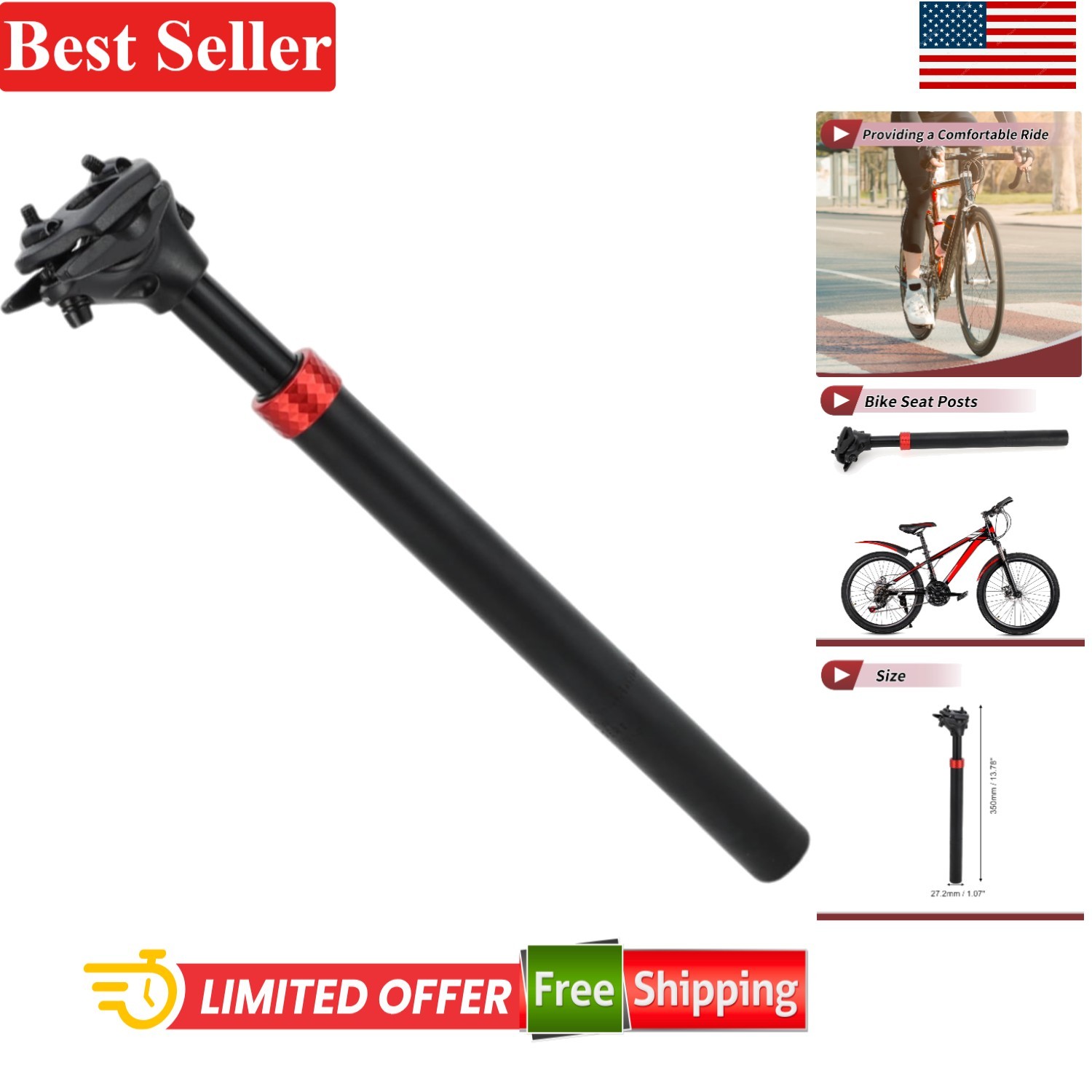 Black/Red Ergonomic Aluminum Bike Seat Post with Shock Absor