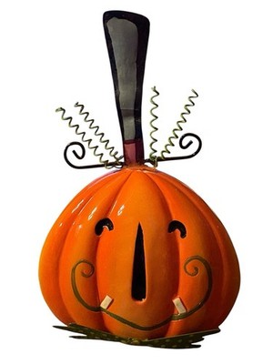 Ceramic Pumpkin Orange & Black With Metal Stem And Bow Halloween 5.5X4.75 X2.75 