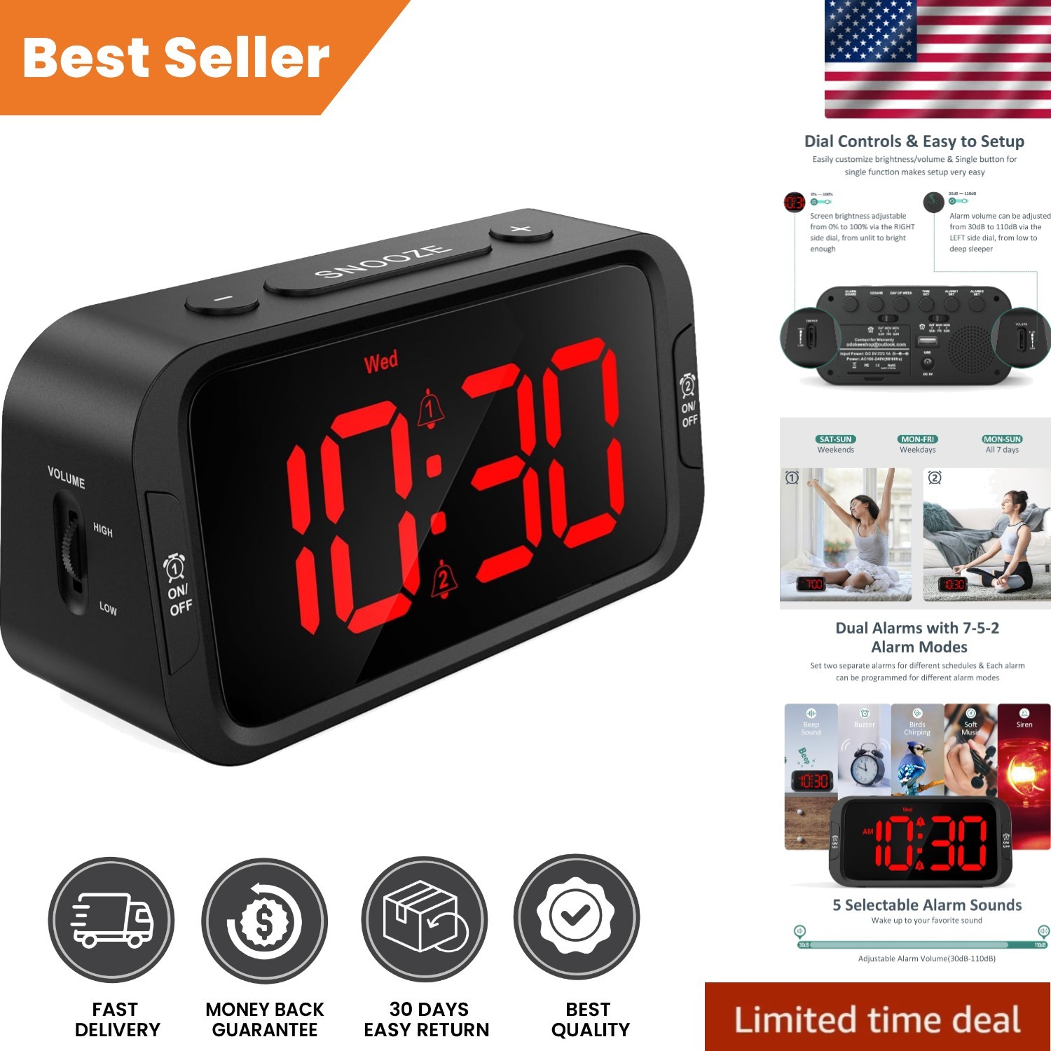 With Adjustable Brightness And Snooze Feature - Red Led
