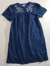 Go Softly Patio Dress Small Blue Floral Embroidered Beaded Lounge Pockets Cotton