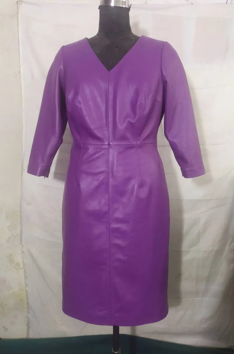 HOT! Women's Purple Leather Dress Genuine Soft Lambskin Slim Fit Ladies  Dress