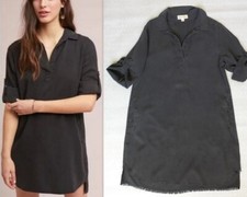 CLOTH & STONE Anthro Fringed Hem Roll Tab Sleeves Tencel Shirtdress Pocket M