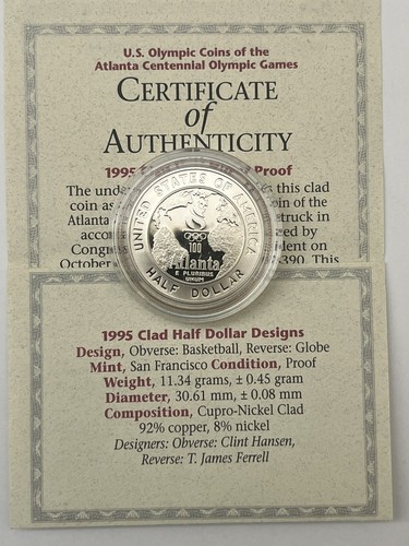 1995 US Mint Olympic Clad Proof Half Dollar Basketball In Government Box and COA - Bild 12 von 16