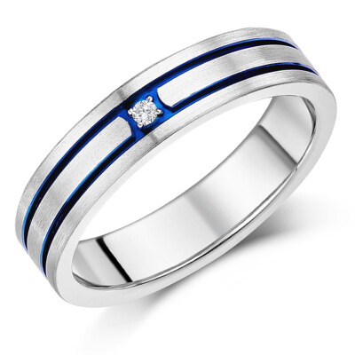 Verlobungsring Ehering 5 mm Titan Diamant blau gerillt