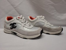 Orig 1295 Womens Chanel CC Logo Sneaker White Silver Fluo Pink Calfskin Authent