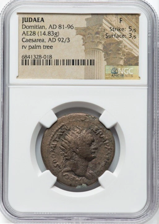 JUDAEA Domitian 81-96 AD, 5/5 AE 28 HUGE Caesarea Roman Empire Capta Coin, NGC F - Image 3 of 4