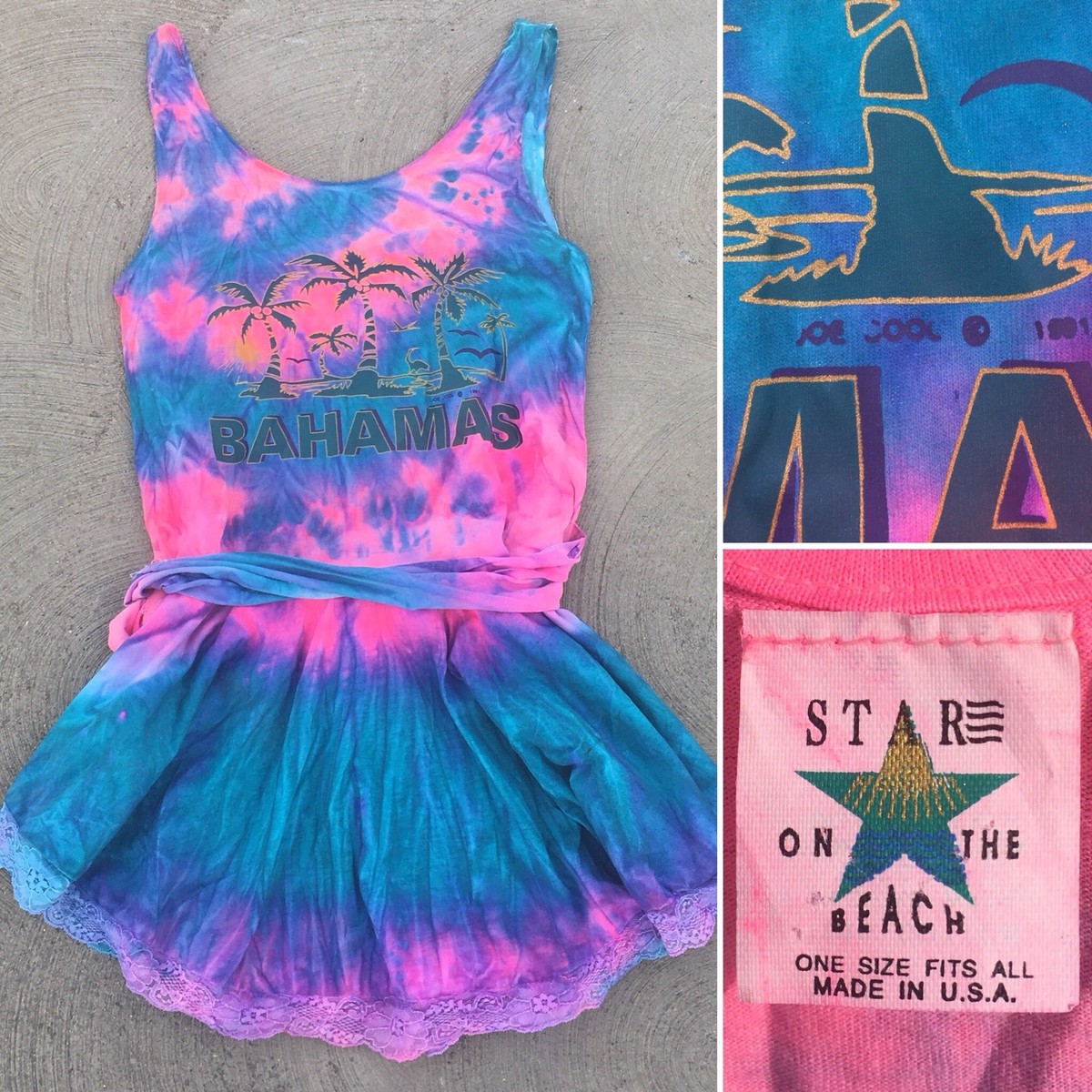90s tie dye dress Vintage Bahamas Graphic Tank Neon One Size Star On The Beach Size:42C Glamorous Petite 90s square modal Slip dress 32 inches Length