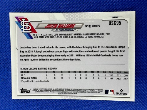 2021 #USC95 Justin Williams Topps Chrome Update Baseball RC St Louis Cardinals - Picture 2 of 2