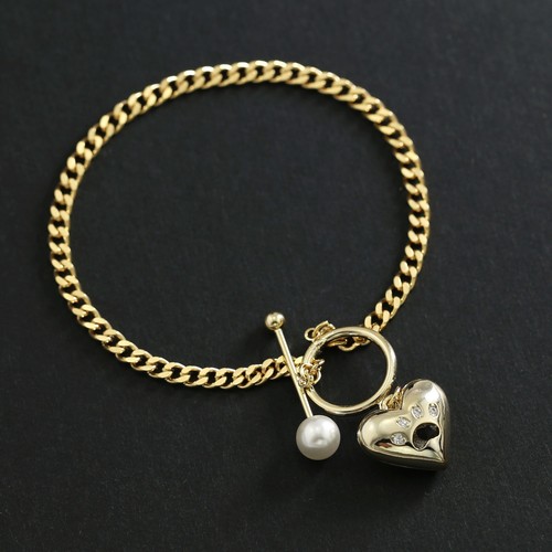 9K GOLD GF LADY GIRLS PAW PRINT HEART TOGGLE PEARL BONE BAR CURB CHAIN BRACELET - Picture 8 of 9
