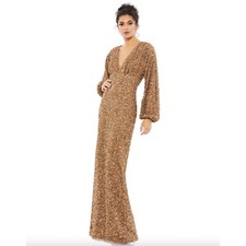 Mac Duggal Sequined Puff Sleeve V Neck Gown in Bronze Size 6