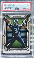 ?Russell Wilson 2012 Topps Strata throwing GOLD #/99 Rookie Card RC PSA 9 MINT. rookie card picture