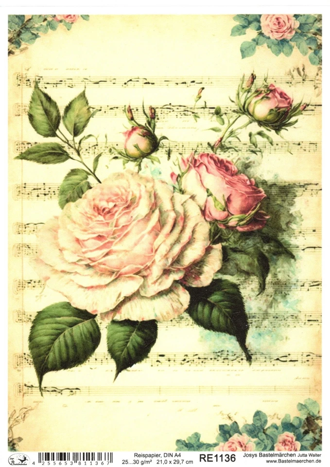 JOSYS BASTELMÄRCHEN Papel de arroz A4 seda de paja decoupage técnica de servicio notas rosas vintage RE1136