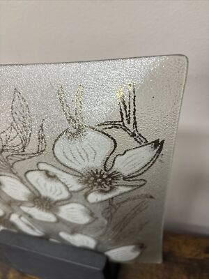 Vintage Fred Press Floral Dogwood Glass Serving Platter Tray Gold