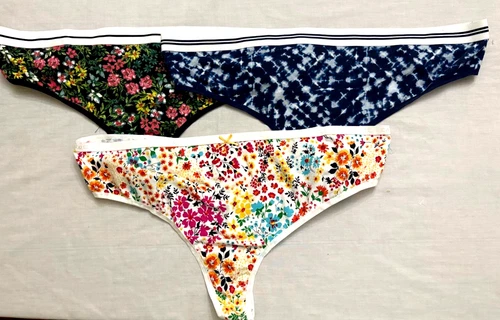 Cacique Lane Bryant Thong Panties Size 26-28 Lot of 3 Floral Patterns Logo NWOT