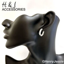 WOMEN SOLID 925 STERLING SILVER ICY BLING CZ 18MM HUGGIE HOOP ROUND EARRING*E243