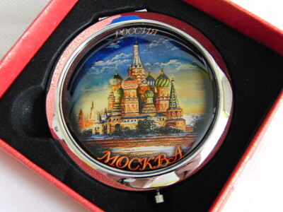 Russischer klappbarer zweiseitiger Spiegel im Taschenformat Ansicht von Moskau, neu 7 cm in Box