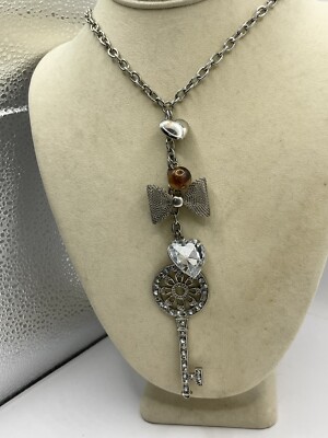 Silver Tone Y Drop Necklace W/ Heart Rhinestone Key Hearts Bow
