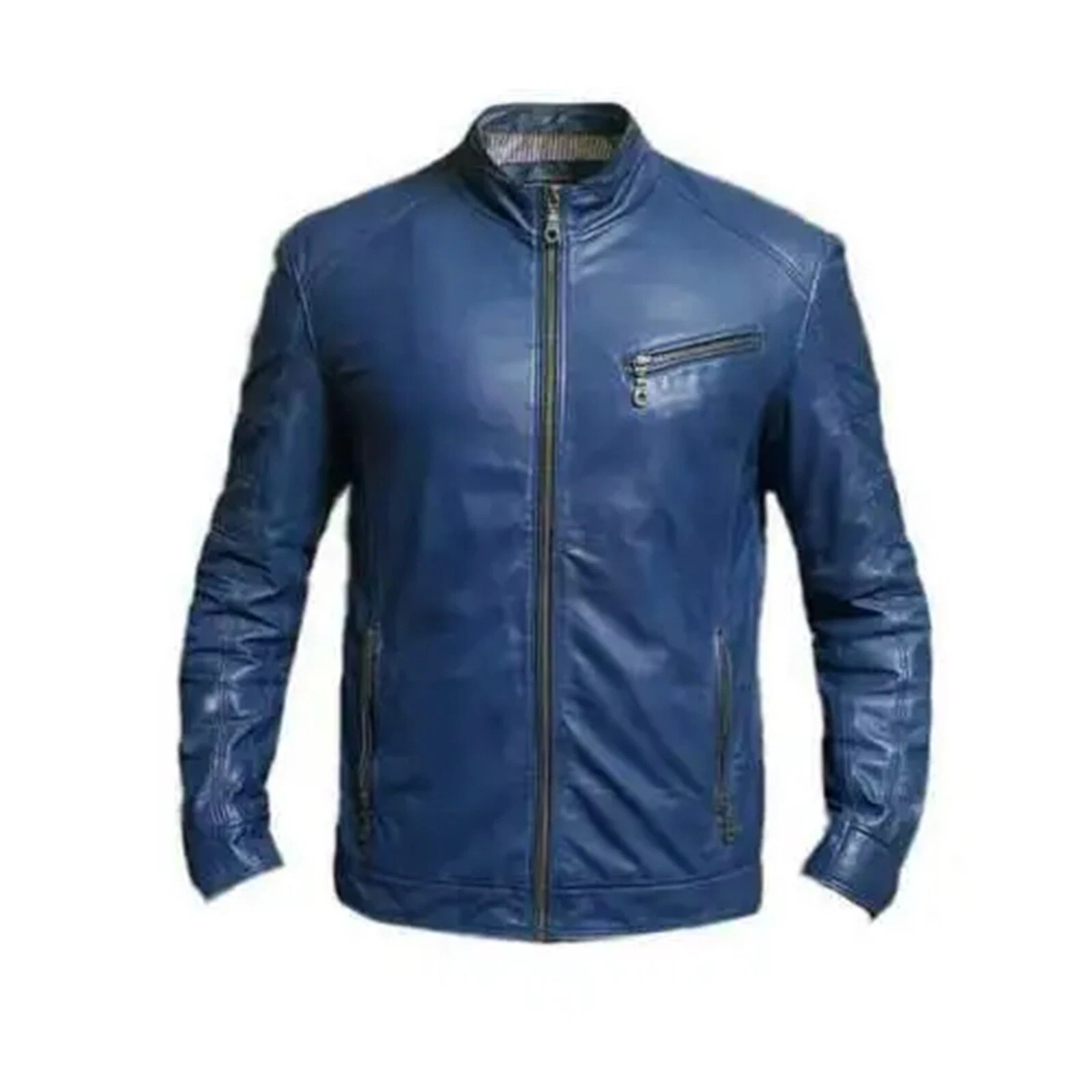 Men's Blue Lambskin Genuine Leather Biker Motorcycle Fashion Jacket Stylish Coat