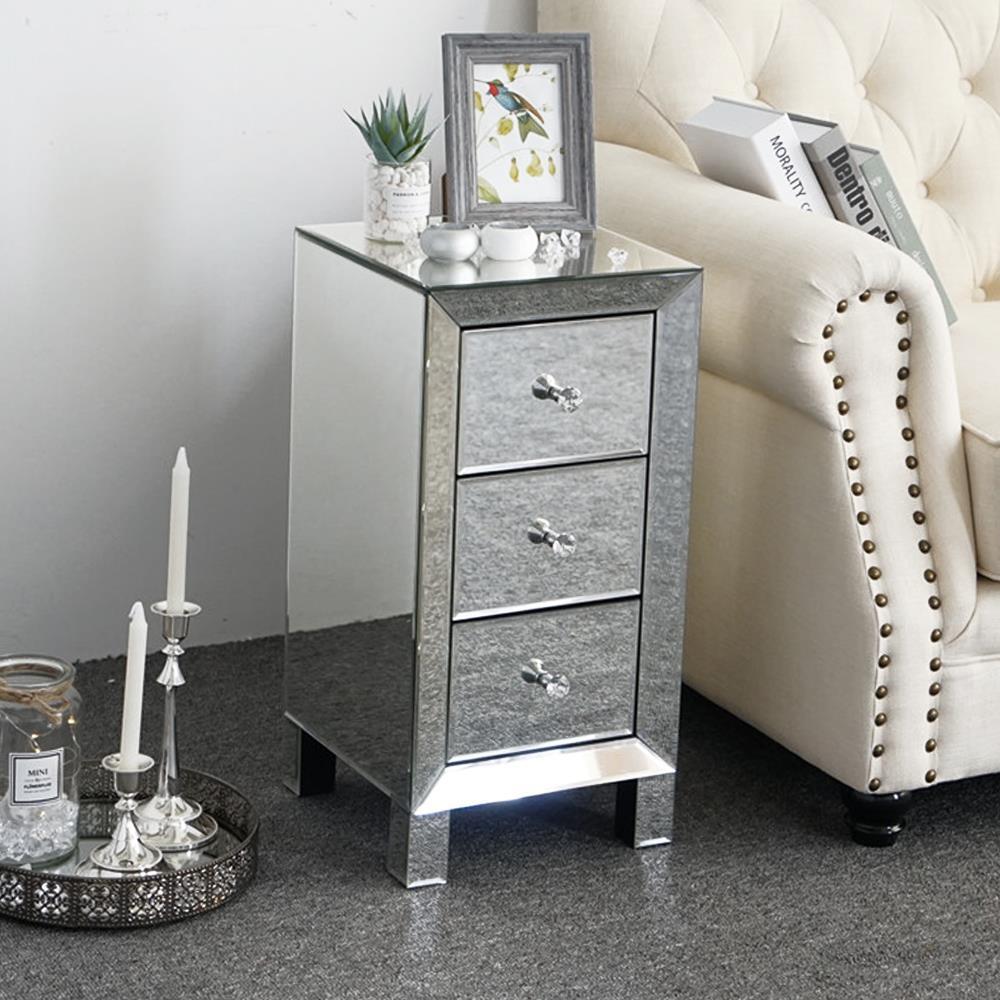 Set of 2 Nightstand Mirrored Bedside Table 3 Drawers Crystal