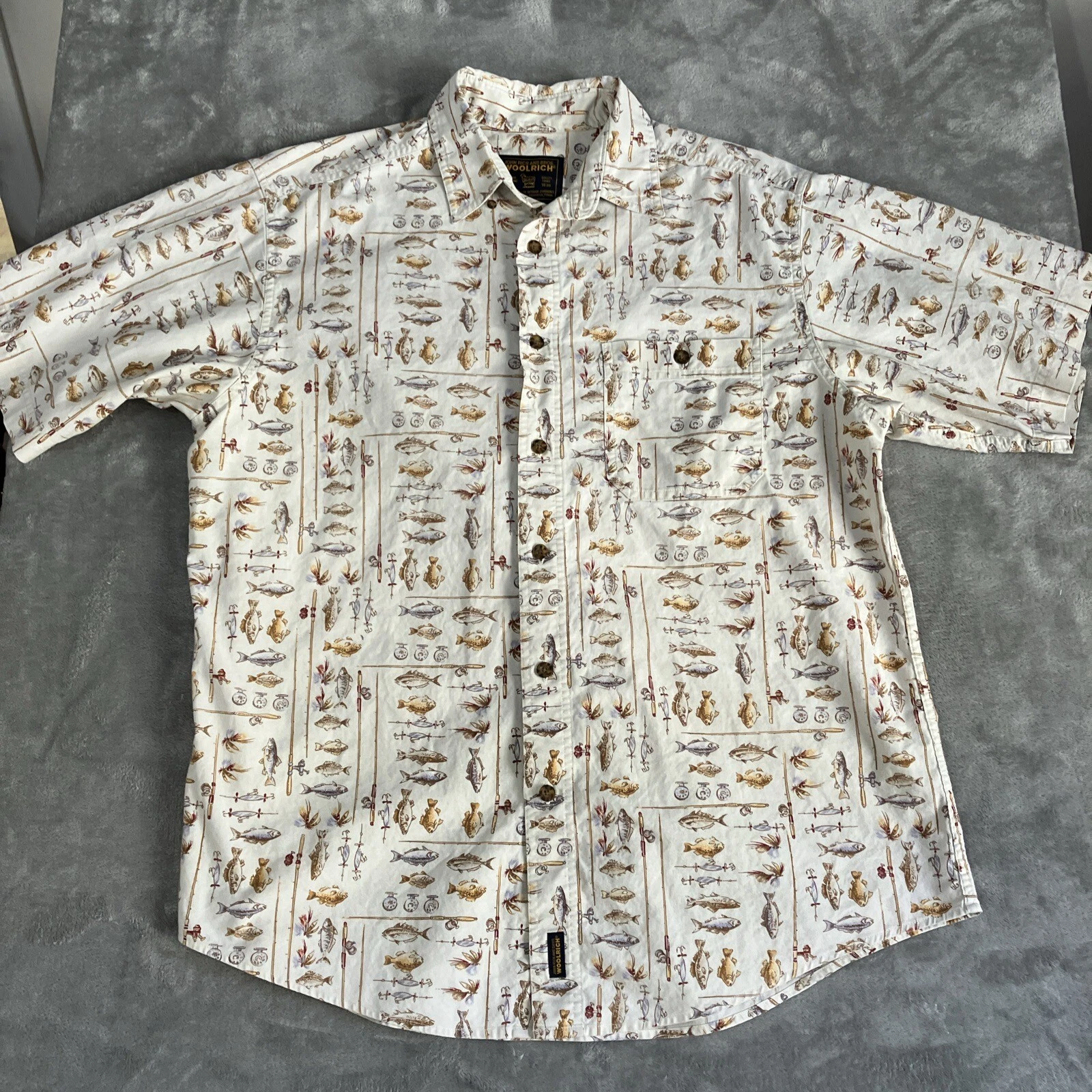 Woolrich All Over Print Fishing Shirt Mens Large Button Up Short Sleeeve
