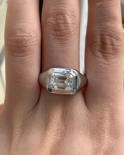 3Ct Emerald Cut Real Moissanite Solitaire Engagement Ring 14K White Gold Plated - Picture 4 of 4