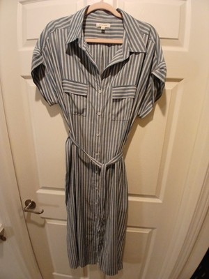 Max Studio Blue/White Striped Belted Shirt Dress Button-Front Collared XL