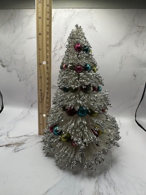 Vintage Bottle Brush Christmas Tree w/ Glass Ball Ornaments 9  Kitschy