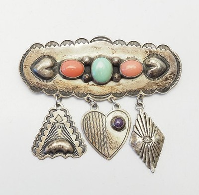 Don Lucas Brosche Pin Vintage groß aus Sterlingsilber mit Edelsteinen